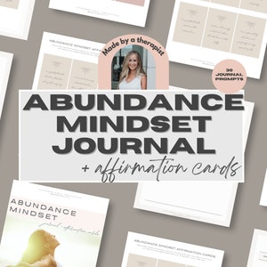 May include: A digital product bundle for personal growth and mindset work. The bundle includes a journal with 30 prompts and affirmation cards. The journal cover features a palm tree illustration and the text "Abundance Mindset Journal + Affirmation Cards".