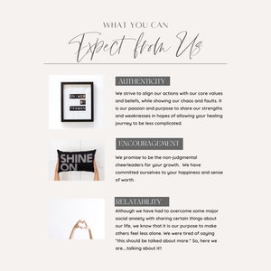 K&ouml;nnte beinhalten: Ein wei&szlig;er Hintergrund mit schwarzem Text, der "What You Can Expect From Us" lautet. Es gibt drei Abschnitte mit den &Uuml;berschriften: "Authenticity", "Encouragement" und "Relatability". Jeder Abschnitt enth&auml;lt ein Schwarzwei&szlig;bild und Text, der das Konzept beschreibt.