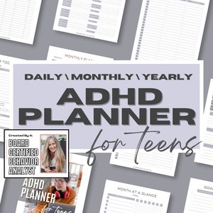 Puede incluir: Un gráfico morado y gris con el texto "DAILY/MONTHLY/YEARLY ADHD PLANNER for TEENS" y un gráfico más pequeño de una mujer con el texto "Created By A: BOARD CERTIFIED BEHAVIOR ANALYST ADHD PLANNER for TEENS".