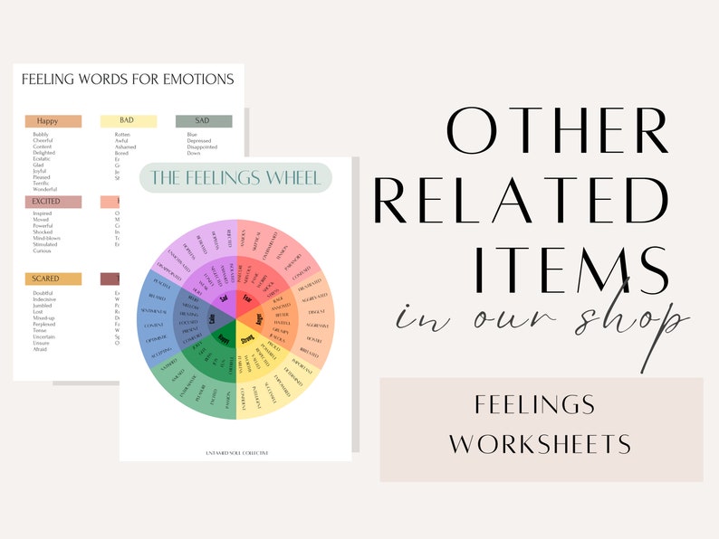 K&ouml;nnte beinhalten: Ein druckbares Gef&uuml;hlsrad-Diagramm mit einem Farbkreis, der verschiedene Emotionen zeigt. Das Diagramm enth&auml;lt W&ouml;rter f&uuml;r gl&uuml;cklich, traurig, w&uuml;tend, &auml;ngstlich, aufgeregt und andere Gef&uuml;hle. Der Text "THE FEELINGS WHEEL" befindet sich oben auf dem Diagramm. Der Text "OTHER RELATED ITEMS in our shop" ist in gro&szlig;er Schrift oben im Bild. Der Text "FEELINGS WORKSHEETS" ist in kleinerer Schrift unter dem gr&ouml;&szlig;eren Text.