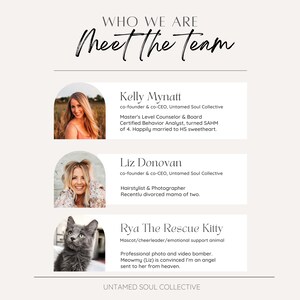 K&ouml;nnte beinhalten: Eine Fotocollage des Teams hinter Untamed Soul Collective. Die Collage zeigt drei Portr&auml;ts: Kelly Mynatt, Liz Donovan und Rya the Rescue Kitty. Der Text "WHO WE ARE" und "Meet the Team" befindet sich oben in der Collage. Der Text "UNTAMED SOUL COLLECTIVE" befindet sich unten in der Collage.