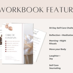 May include: A 30-day self-care challenge workbook with a table of contents featuring reflection, meditation, morning and night rituals, moving your body, laughter and joy, and self-care journaling.