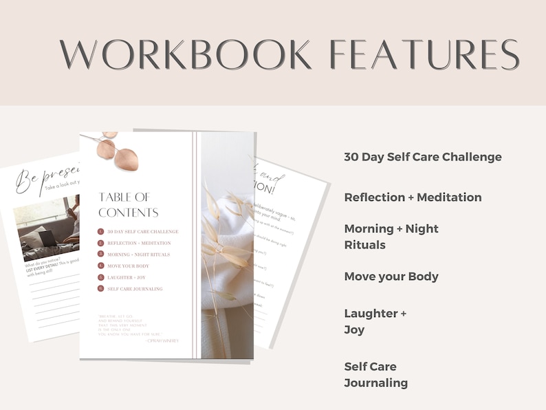 May include: A 30-day self-care challenge workbook with a table of contents featuring reflection, meditation, morning and night rituals, moving your body, laughter and joy, and self-care journaling.