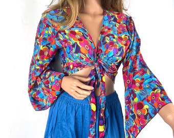 70s Inspired Vintage Style Butterfly Sleeves Shirt, Bohemian Hippie Long Bell Sleeve Wrap Top,Colorful Floral Pattern, Festival Boho Fairy