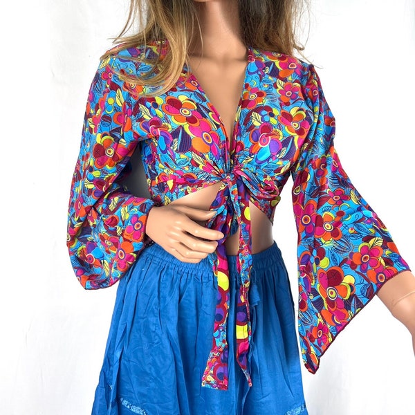 70s Inspired Vintage Style Butterfly Sleeves Shirt, Bohemian Hippie Long Bell Sleeve Wrap Top,Colorful Floral Pattern, Festival Boho Fairy