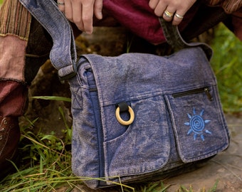 Blue Stone-Washed Embroidered Laptop Bag, Crossbody Bag, Cotton Shoulder Bag, Vegan, Organic, Travel Bag, Work bag, Casual, Gift,Unisex bag