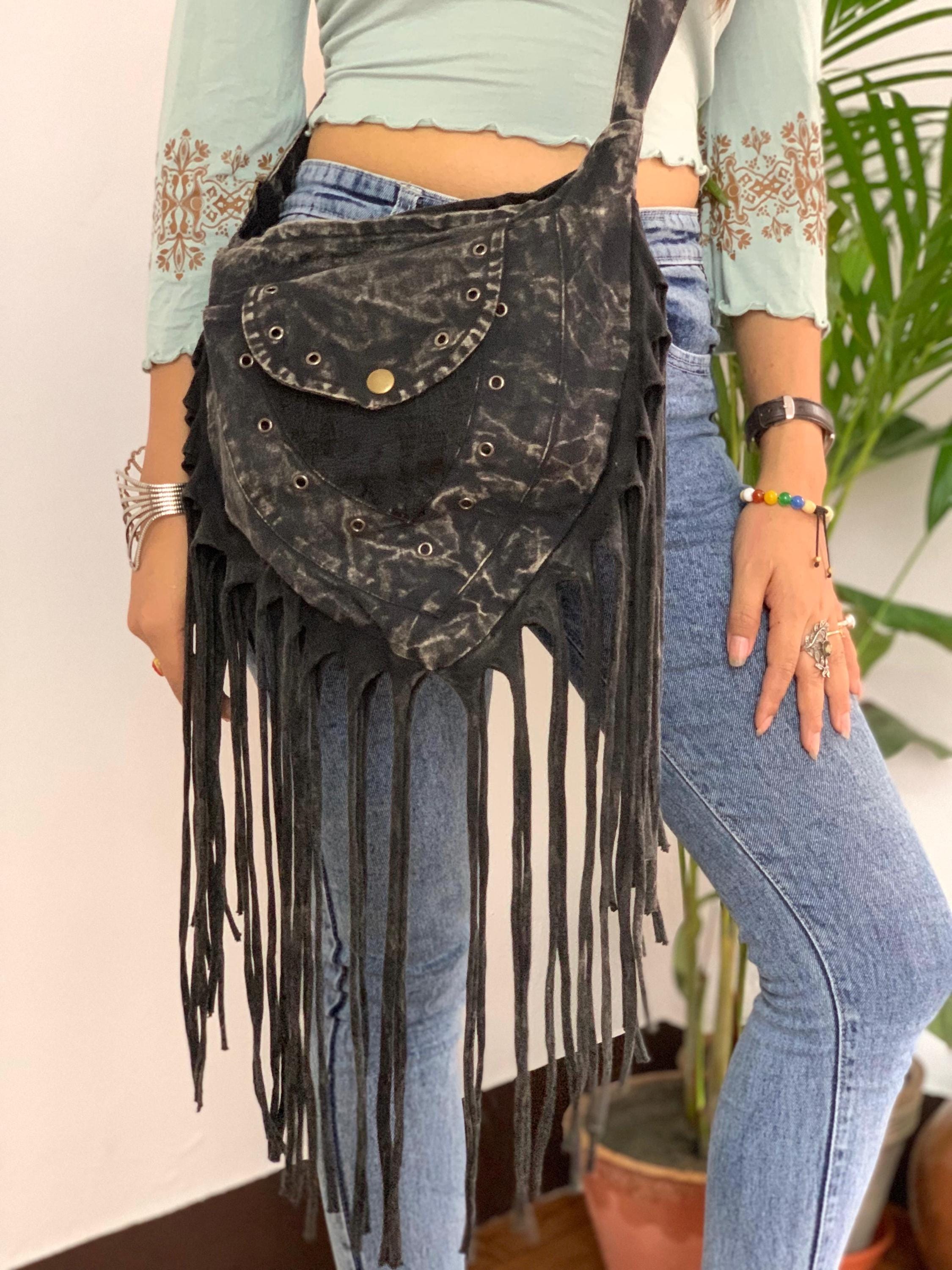 Stonewashed Triangular Cotton Crossbody Bag With Fringe 