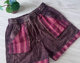 Shorts bohemios hippies ligeros de algodón, algodón orgánico lavado a la piedra, corte relajado para uso diario, shorts de playa, estilo vintage para yoga, coloridos