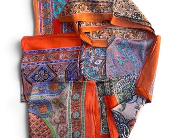 Paisley Print Seidenschals, 70er Jahre Bandana, Boho Hippie Festival Seidenschal, Kopftuch bunt, Oversized Schals, weicher leichter Schal