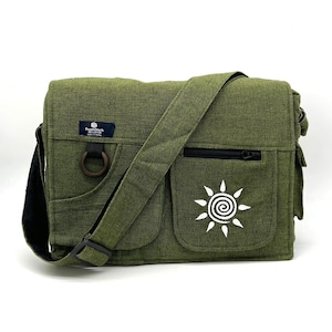 Messenger-Laptoptasche, handgefertigte Baumwoll-Crossbody, Swirl Sun-Stickerei, Unisex-Design, durchdachtes Geschenk, Waschbare Tasche, Schultertasche, Reisetasche