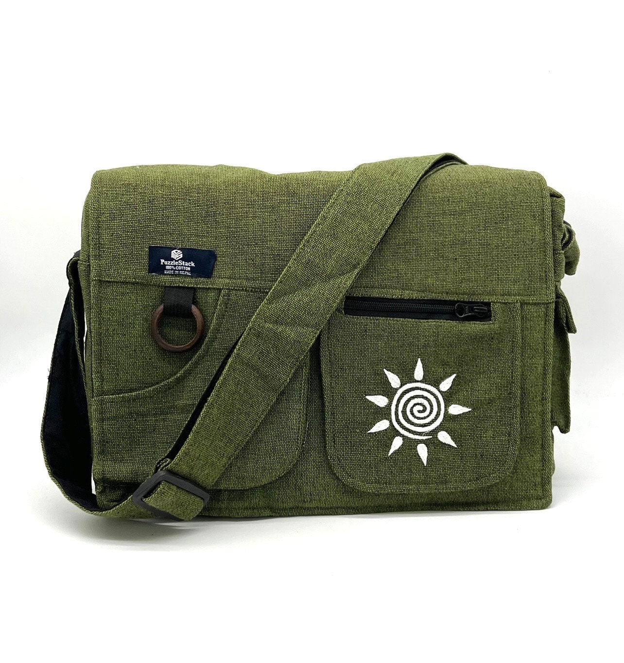 Messenger Laptop Bag, Handmade Cotton Crossbody, Swirl Sun Embroidery, Unisex Design,Thoughtful Gift, Washable Bag, Shoulder Bag, Travel Bag