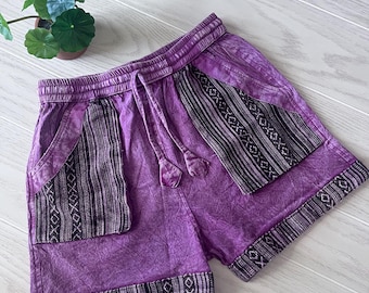 Shorts bohemios hippies ligeros de algodón, algodón orgánico lavado a la piedra, corte relajado para uso diario, shorts de playa, estilo vintage para yoga, coloridos