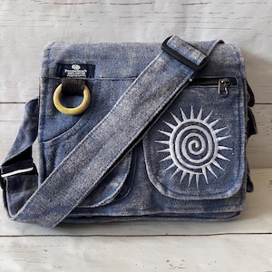 Multi-pocket Crossbody Messenger Bag, Swirl Embroidery, Minimalist Casual bag, Crossbody Bag, Handmade Cotton Shoulder Bag, Handmade Gift