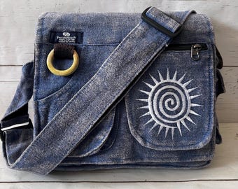Multi-pocket Crossbody Messenger Bag, Swirl Embroidery, Minimalist Casual bag, Crossbody Bag, Handmade Cotton Shoulder Bag, Handmade Gift