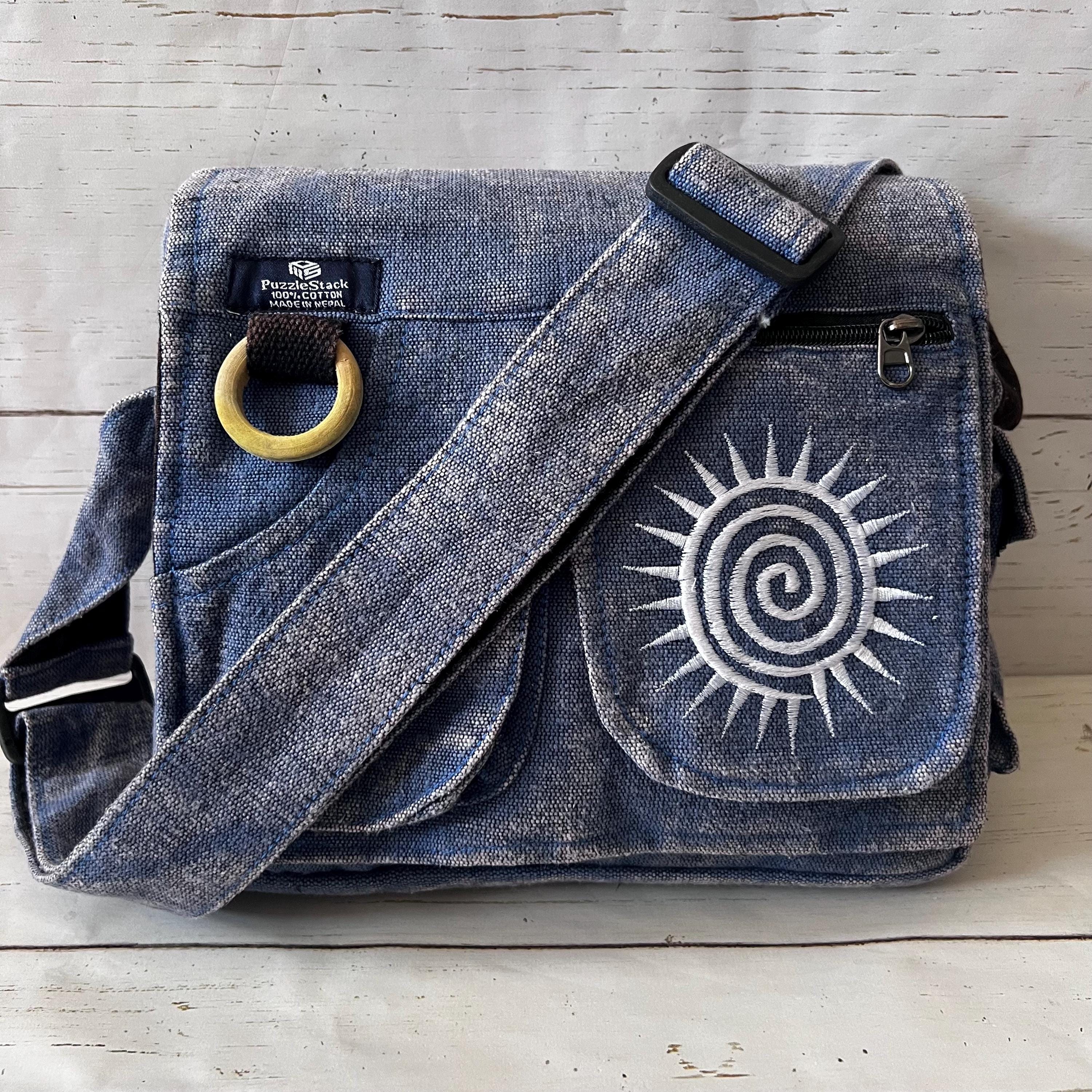 Multi-pocket Crossbody Messenger Bag, Swirl Embroidery, Minimalist