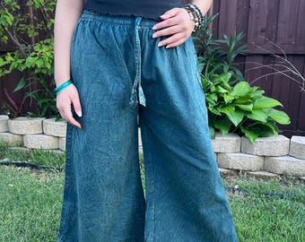 Pantalones capri de algodón lavado a la piedra con pernera ancha, pantalones de yoga con cintura elástica, pantalones bohemios de cintura alta, pantalones holgados para estar en casa y pantalones de viaje cómodos.