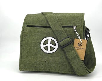 Green Messenger Bag with Embroidery/ Handmade Bag/ Cotton bag/ Washable Bag/ Travel Bag/ Shoulder Bag/ Unisex Bag/ Large Pocket/ Everydaybag