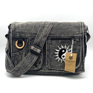 Black Stone-Washed Embroidered Messenger Bag,Unisex Cotton Laptop Shoulder Bag, Laptop Messenger Bag,Large Laptop Crossbody,Messenger Bag