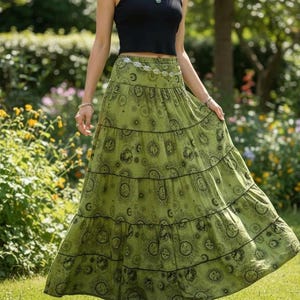 Akasiya Maxi Skirt,Sun Moon Celestial Print Tiered Skirt, Fairy Core Flowy Skirt with Pockets,Boho Hippie Summer Skirt, Ethical Gift for Her