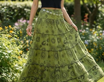Akasiya Maxi Skirt,Sun Moon Celestial Print Tiered Skirt, Fairy Core Flowy Skirt with Pockets,Boho Hippie Summer Skirt, Ethical Gift for Her