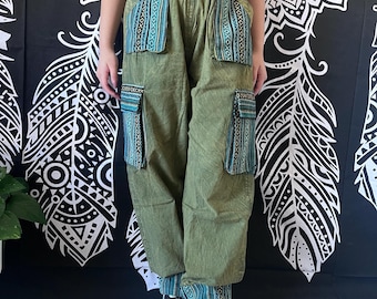 Pantalones cargo de algodón lavado a la piedra, pantalones de festival hippies bohemios hechos a mano, estilo grunge unisex, pantalones cómodos para estar en casa, pantalones de algodón, regalo