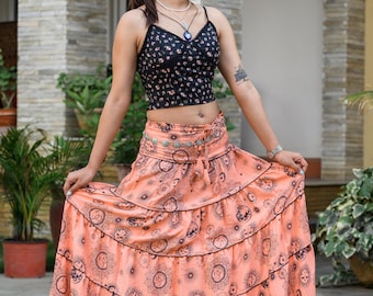 Akasiya Maxi Skirt,Sun Moon Celestial Print Tiered Skirt, Fairy Core Flowy Skirt with Pockets,Boho Hippie Summer Skirt, Ethical Gift for Her