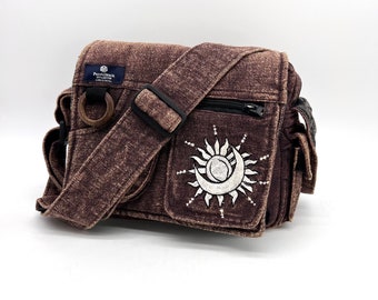 Bolso bandolera mensajero con bordado sol luna, bandolera hecha a mano, bolso de algodón de hombro, vegano orgánico, bolso de trabajo casual, regalo, estilo unisex