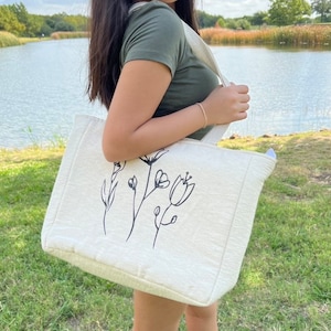 Grande bolsa de fim de semana feminina, bolsa de compras grande reutilizável, bolsa de praia com zíper, bolsa ecológica lavável, bolsa de lona com estampa floral, presente feito à mão