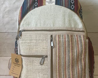 Handmade Himalayan Hemp and Cotton Backpack, Fair Trade Boho Travel Bag, Patchwork Bag, Padded  Laptop Bag