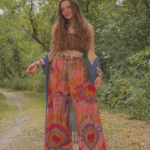 Tie-dye festival palazzo pants, boho hippie comfy pants,hippi bell bottoms, summer cotton wide-leg pants, psychedelic fashion, yoga pants image 1