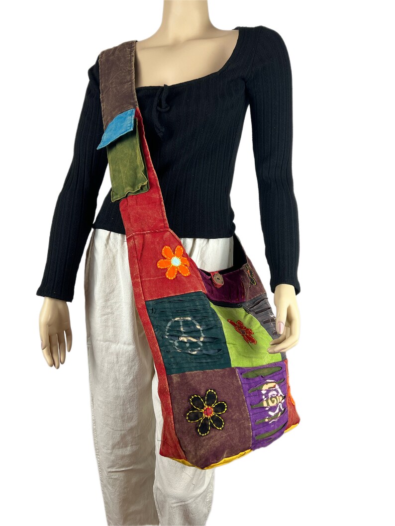 Hippie Sling Bag With Razor Cut Pattern, Patchwork Cotton Hippie Bag