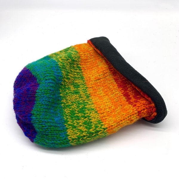 Hand Knitted Rainbow Slouch Beanie Lined With Fleece, 100% Wool Cap, Rainbow Hat, Winter Accessories, Winter Slouch Beanie, Handmade Beanie