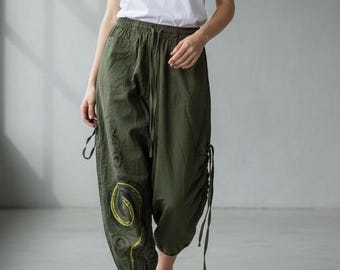 Handmade Boho Harem Pants , Cotton Jogger Pants with Swirl Print , Adjustable Length , Lightweight Lounge Pants, Festival Pants