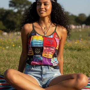 Könnte beinhalten: Ein ärmelloses Tanktop mit einem Patchwork-Design in verschiedenen Farben wie Rot, Lila, Gelb und Blau, mit abgenutzten horizontalen Schlitzen und gestickten Details. Das Oberteil hat dünne dunkelgrüne Träger und einen Rundhalsausschnitt.