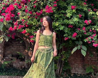 Vintage Style Bohemian Hippie Embroidered Skirt and Top Set, Cottage core Fairy Vibe Flowly Long Maxi Skirt Set, Aesthetic Whimsical Design
