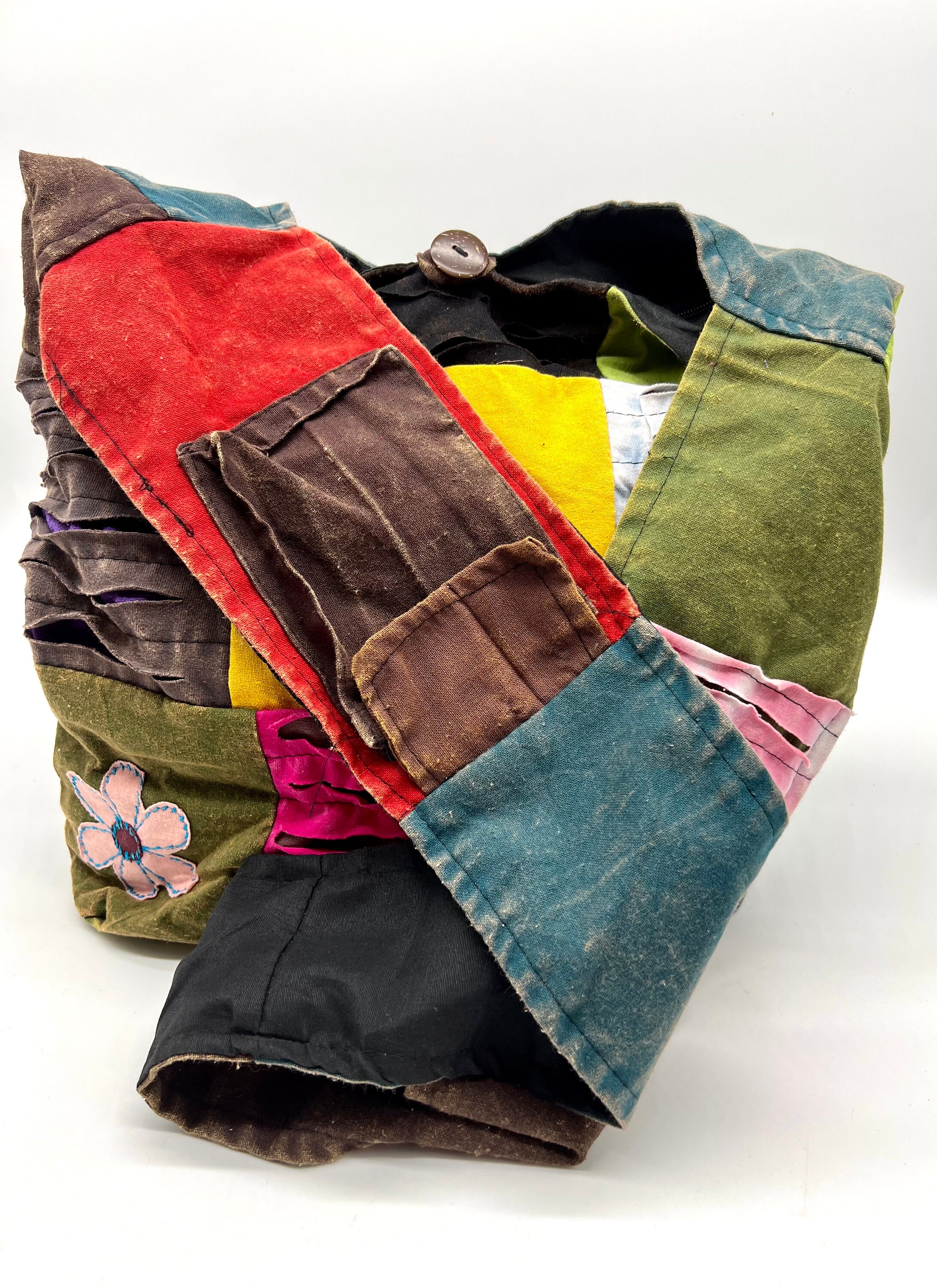 Boho Patchwork Razor Cut Sling Backpack Multi Color Cotton Hippie Festival E2 Patchwork Cotton Hippie Sling Bag, Bohemian Crossbody With  main image 4
