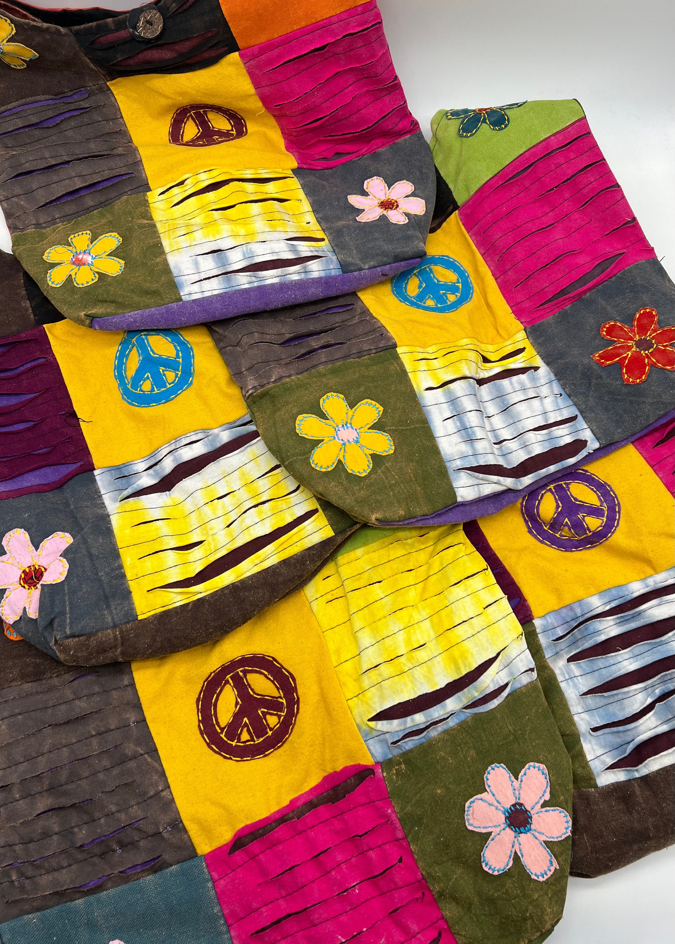 Boho Patchwork Razor Cut Sling Backpack Multi Color Cotton Hippie Festival E2 Patchwork Cotton Hippie Sling Bag, Bohemian Crossbody With  main image 2