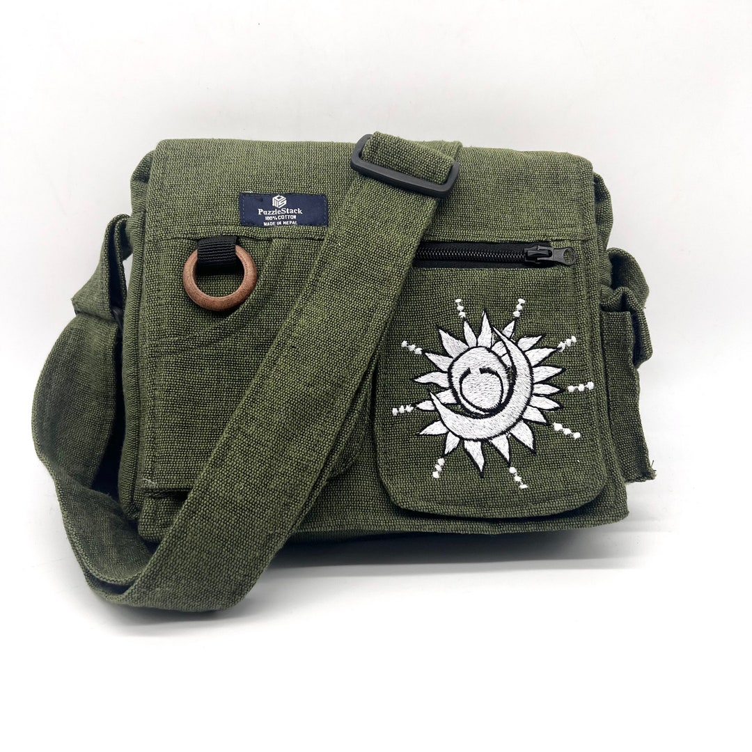 Messenger Crossbody Bag With Sun Moon Embroidery, Handmade