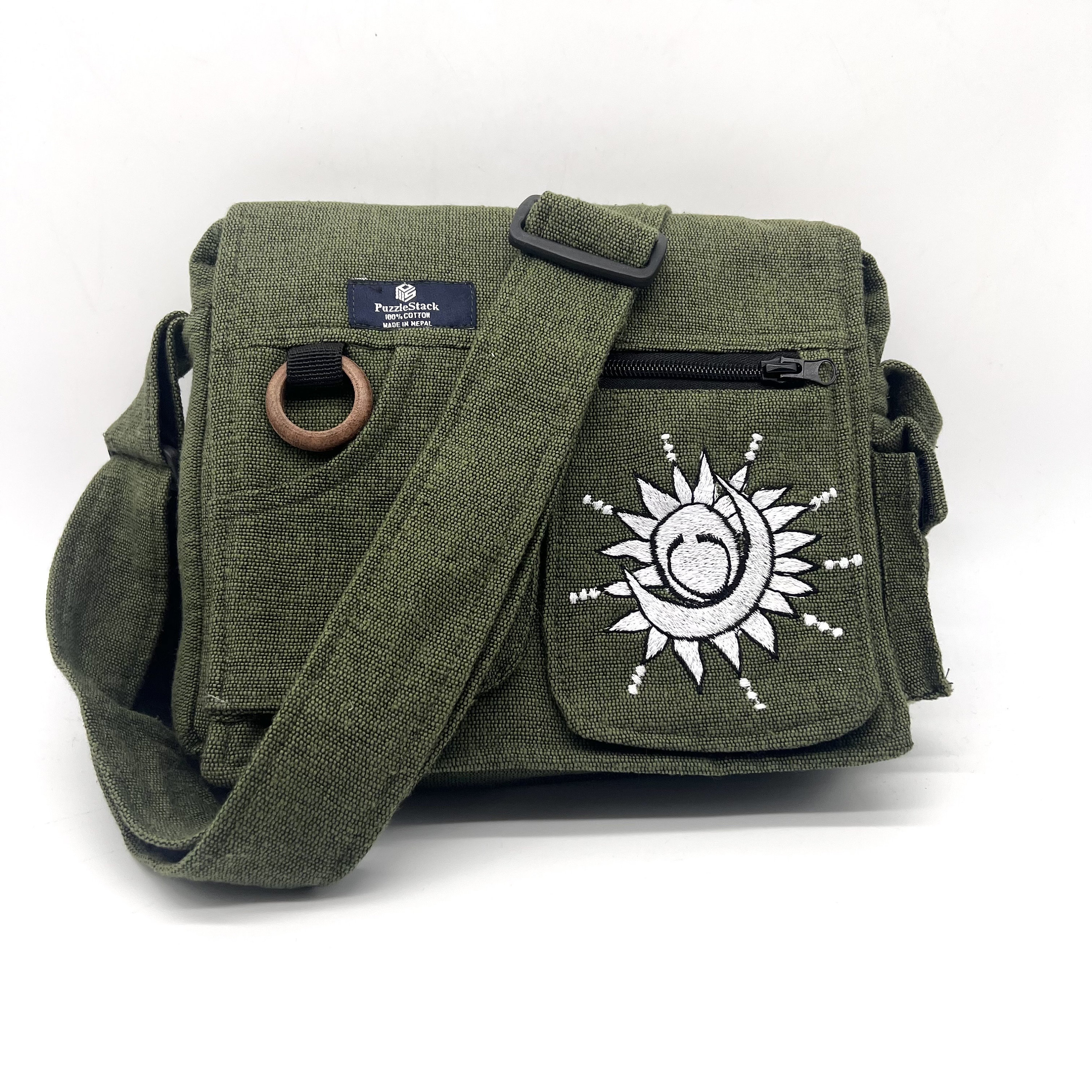 Messenger Crossbody Bag With Sun Moon Embroidery, Handmade