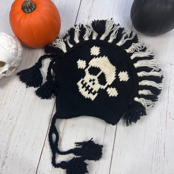 Black Skull Cap Mohawk Style , Hand knitted Skull Beanie, Winter hat, Skull beanie , Fleece lining, Goth , unique gift, punk ,halloween