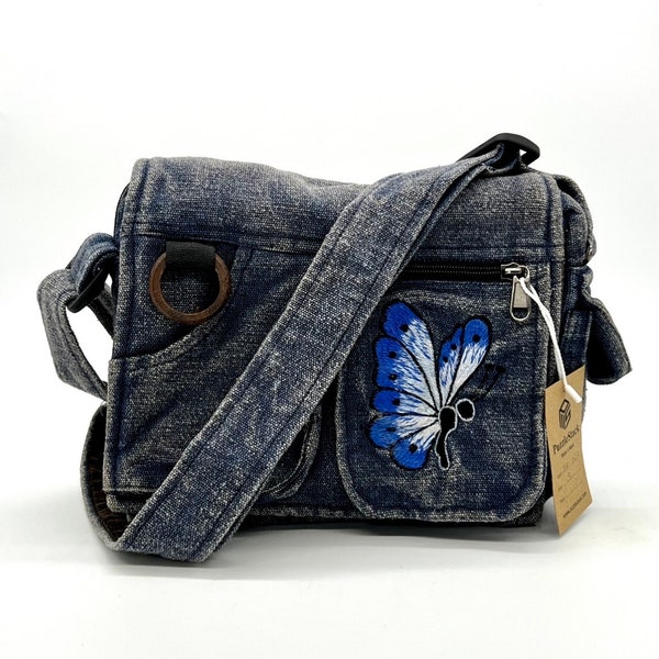 Multi pocket Crossbody Messenger Bag, Butterfly Embroidery,Minimalist Casual bag, Crossbody Bag,Organic Cotton, Shoulder Bag,Vegan gift
