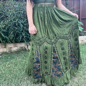 Vintage Style Bohemian Hippie Embroidered Skirt, Cottage core Fairy Vibe Flowly Long Maxi Skirt,Aesthetic Whimsical Design, Patchwork Skirt