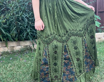 Fairy Boho Hippie Flowy Skirt, Vintage Vibe Embroidered Maxi Skirt,Forest Hippie Cottage Core Long Skirt,Floral Patchwork Summer 60s Skirt