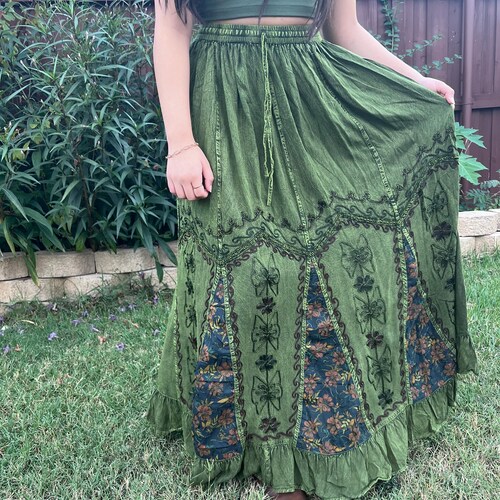 Vintage Style Bohemian Hippie Embroidered Skirt, Cottage core Fairy Vibe Flowly Long Maxi Skirt,Aesthetic Whimsical Design, Patchwork Skirt