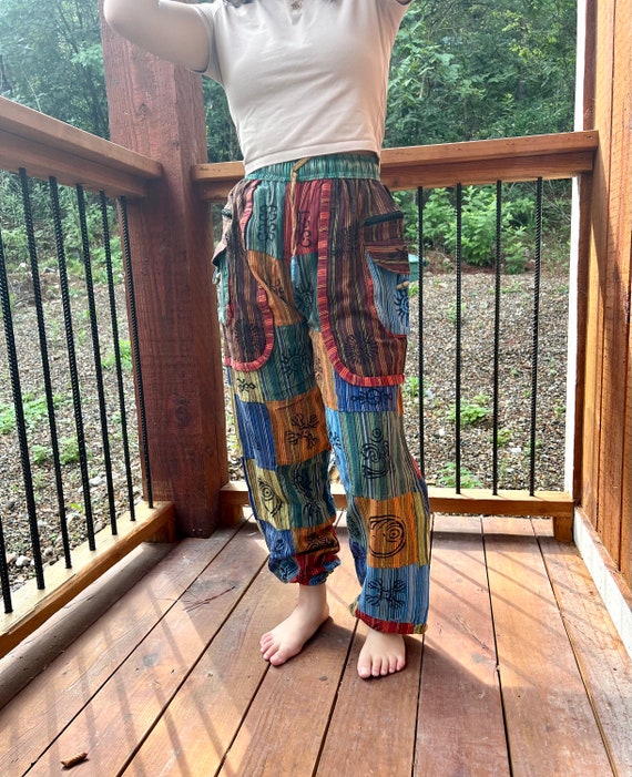 Colorful Patchwork Hippie Pants With Pockets and Elastic