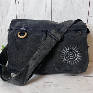 Black Stone-Washed Embroidered Messenger Bag,Unisex Cotton Laptop Shoulder Bag, Laptop Messenger Bag,Large Laptop Crossbody,Messenger Bag