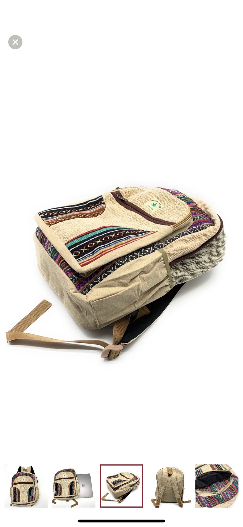 Handmade Large Hemp Laptop Backpack ,LARGE Himalayan Hemp Backpack with LAPTOP POCKET, Fair Trade Hiking Boho Bag Hippie Bag,Travel Bag image 2