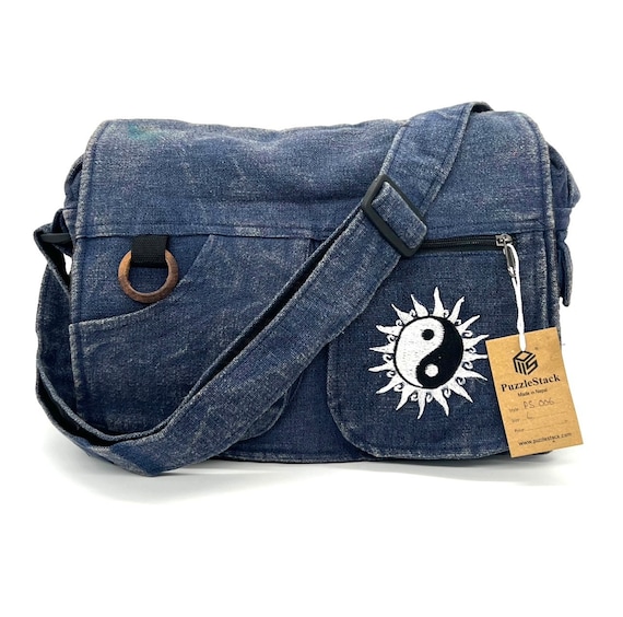 Messenger Bag,Stone-Washed Embroidered Laptop Messenger Bag, Crossbody Shoulder Bag,Vegan Organic Gift, Travel Unisex Gift, Back to School