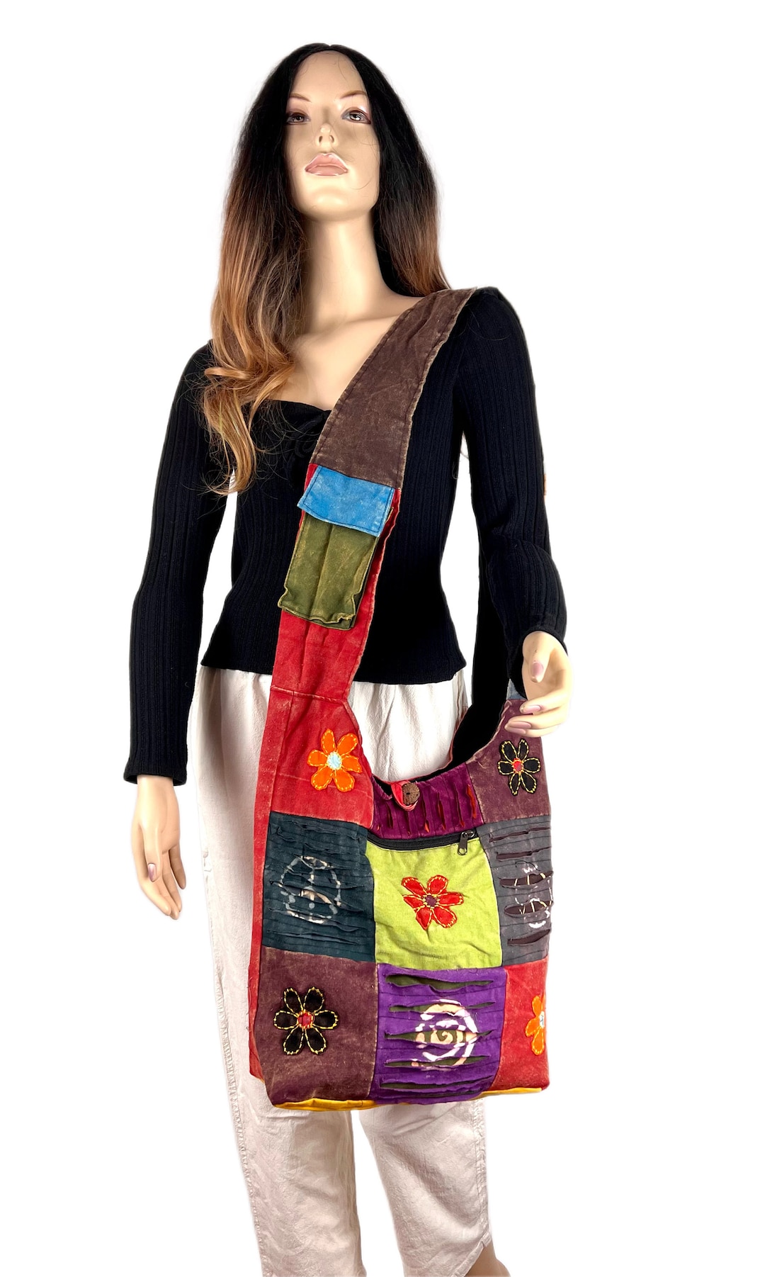 Hippie Sling Bag With Razor Cut Pattern, Patchwork Cotton Hippie Bag