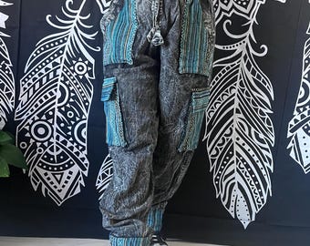 Pantalones cargo de algodón lavado a la piedra, pantalones de festival hippies bohemios hechos a mano, estilo grunge unisex, pantalones cómodos para estar en casa, pantalones de algodón, regalo